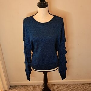 RED Valentino Sweater Women's XL Blue Metallic Ruffles Festive Holiday Designer